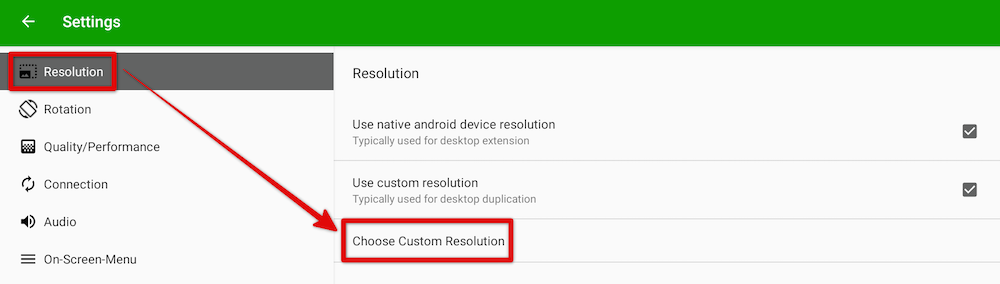 Resolutionを選択して「Choose Custom Resolution」をタップ