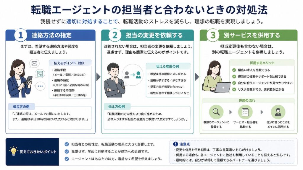 転職エージェントの担当者と合わないときの対処法。連絡方法の指定、担当変更、別サービス併用の流れ