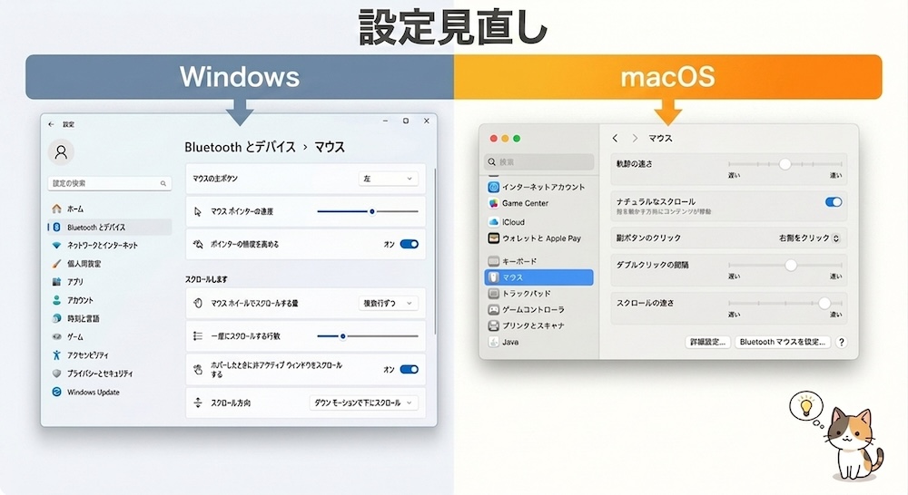 Win11とmacOSの設定画面を並べたイメージカット