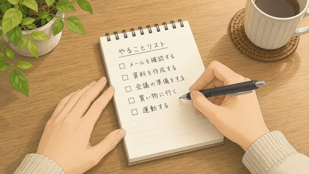 メモ帳にやることリストを書き出す手元のイラスト