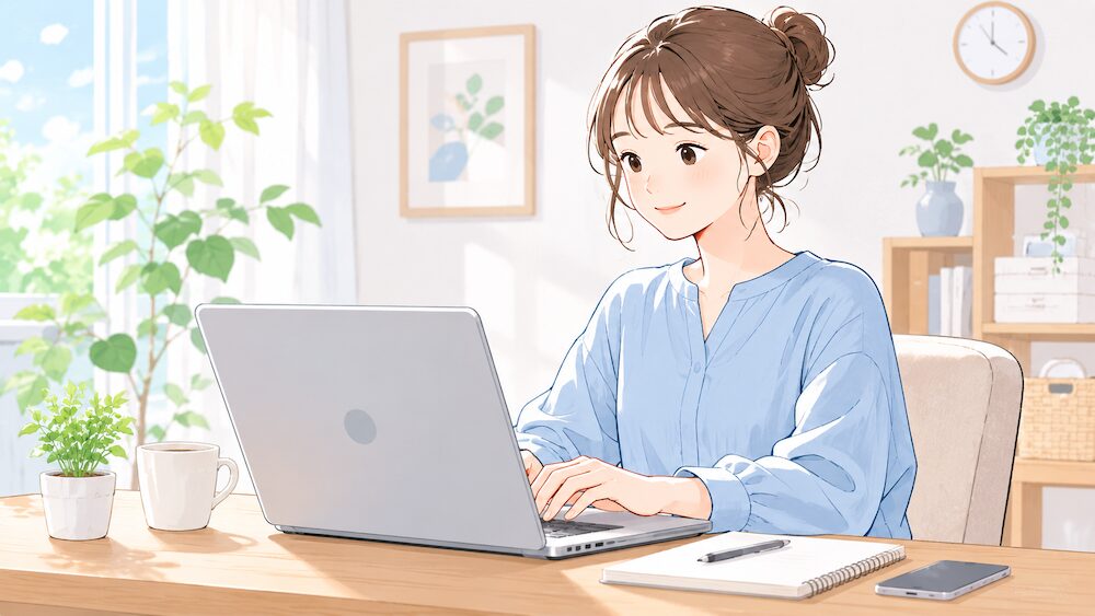 リモートワークのイラスト。ノートPCに向かう女性