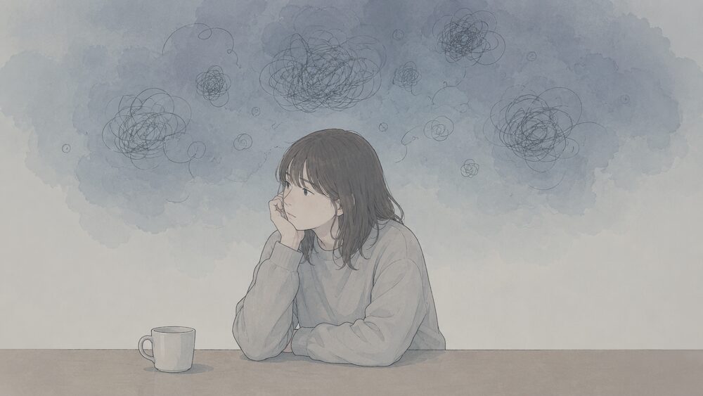 モヤモヤするイラスト。考え込む人物