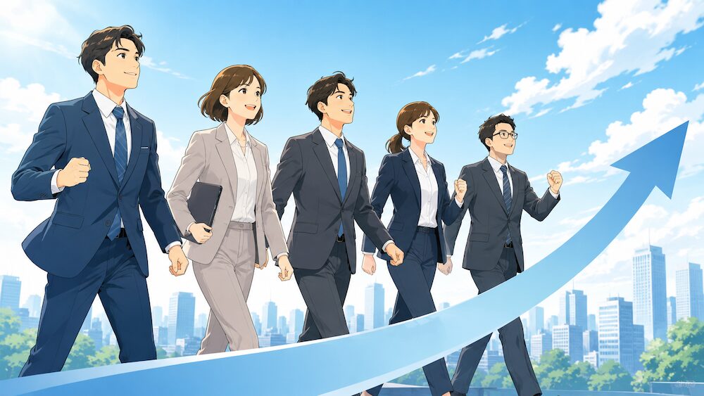 会社員が協力して前に進むイラスト