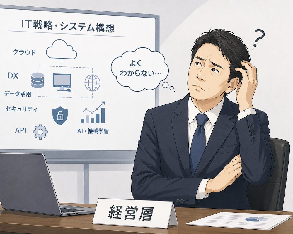 クエスチョンマークの男性。経営層がIT分野に弱く、首を傾げるイメージ