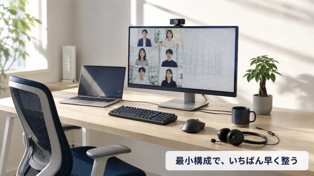 在宅デスクにPC・外部ディスプレイ・ヘッドセットが並んだ俯瞰写真