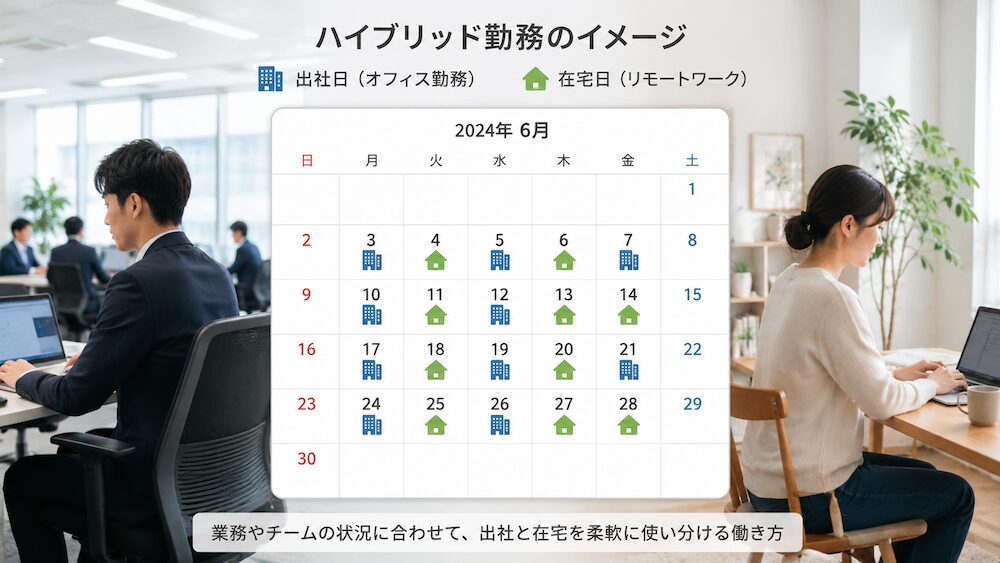 ハイブリッド勤務のイメージ。カレンダーに出社日と在宅日が混在