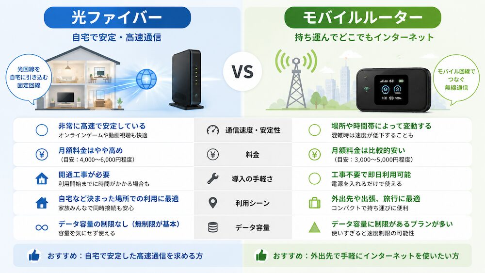 光ファイバーとモバイルルーターの比較イラスト
