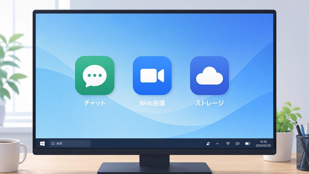 PC画面にチャット・Web会議・ストレージのアイコンが並んだイラスト