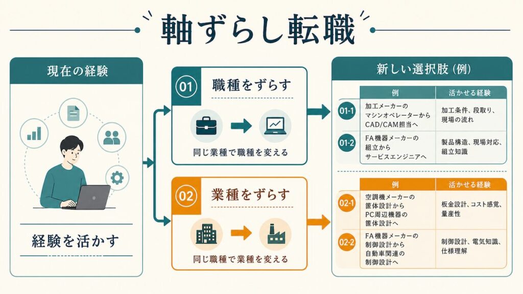 「軸ずらし転職」の2パターンを説明する横長図解。左に現在の経験、中央に「職種をずらす」「業種をずらす」の2分岐、右に新しい選択肢。