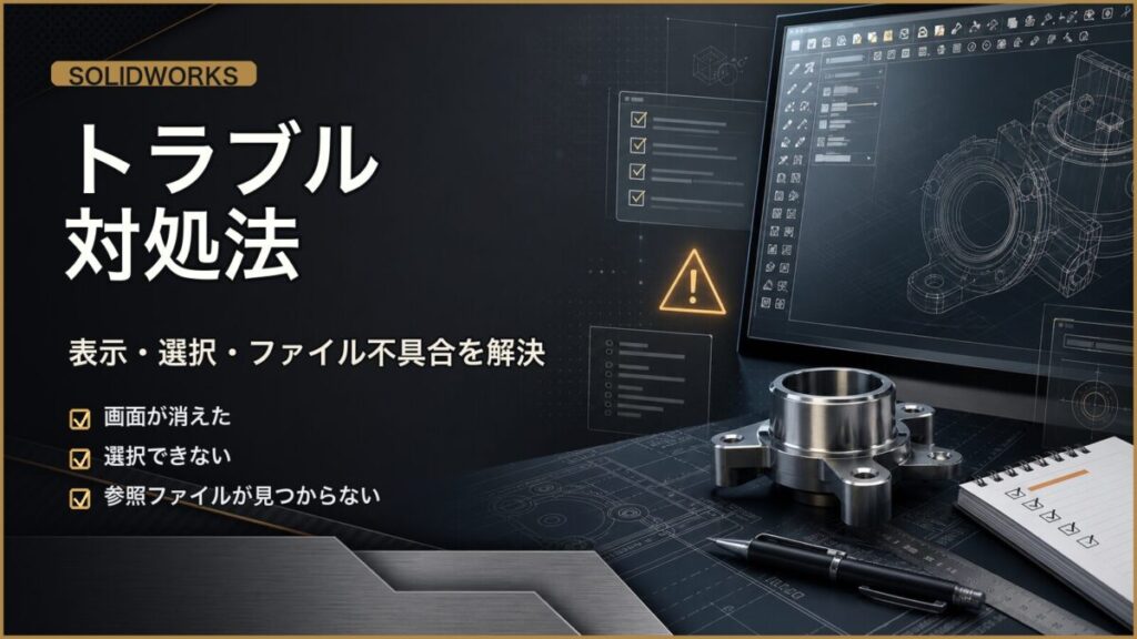 SOLIDWORKSの表示や選択トラブルを症状別に対処する記事のアイキャッチ