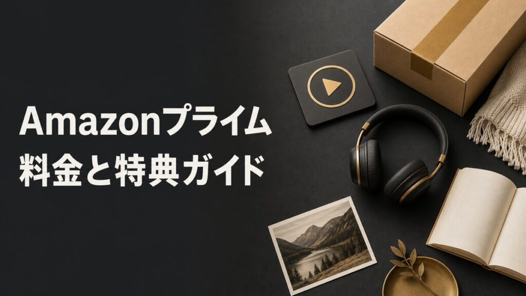 Amazonプライムの料金と特典を、配送・動画・音楽・読書・写真のモチーフで表したアイキャッチ